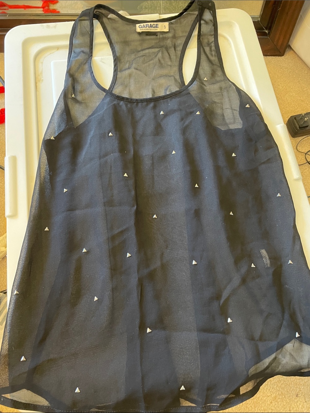 GARRAGE Sheer Embellished Black Tank Top